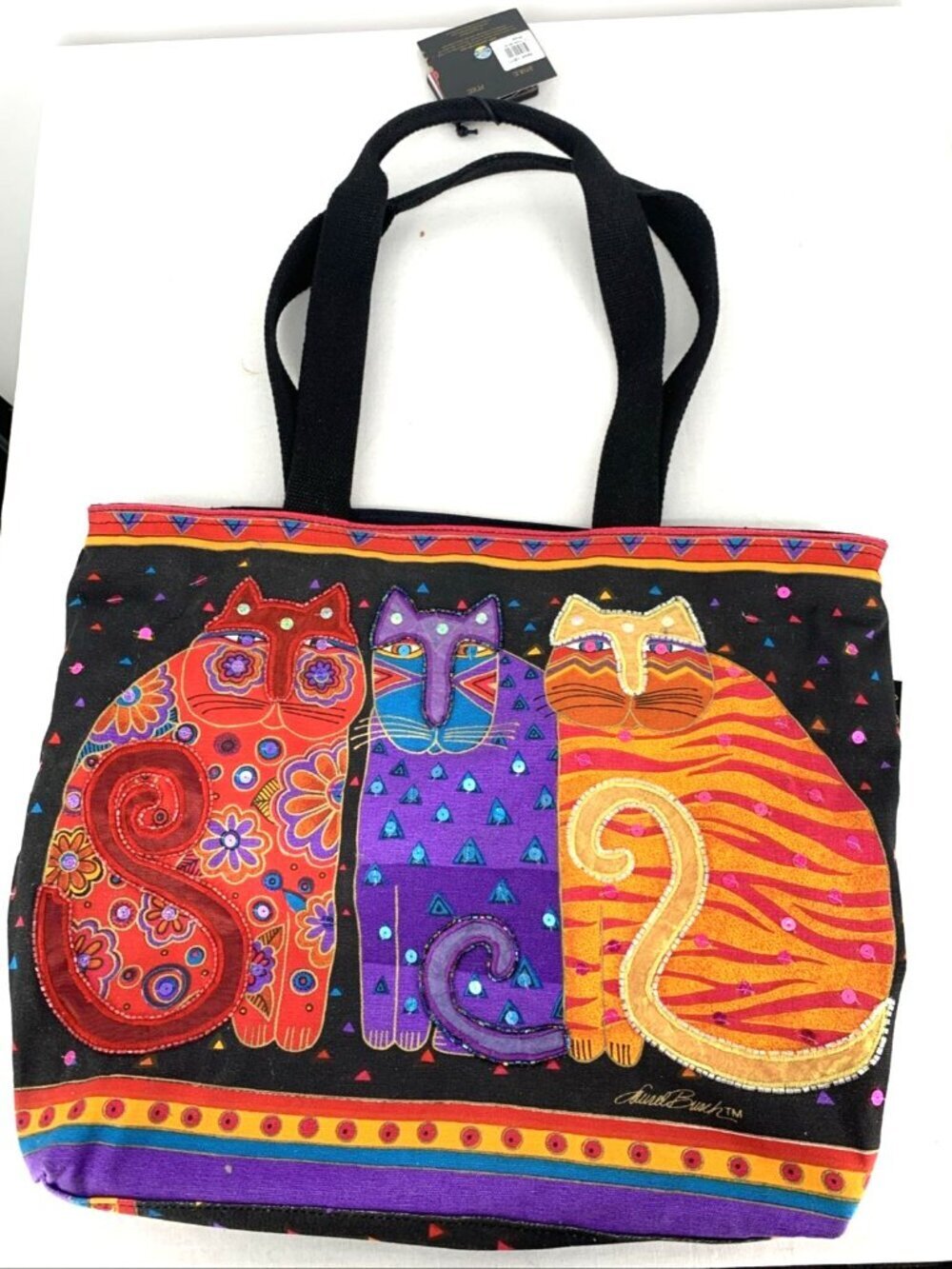 Laurel Burch Three Feline Friends Extra Large Tote Cat Lady Artsy Handbag 14"